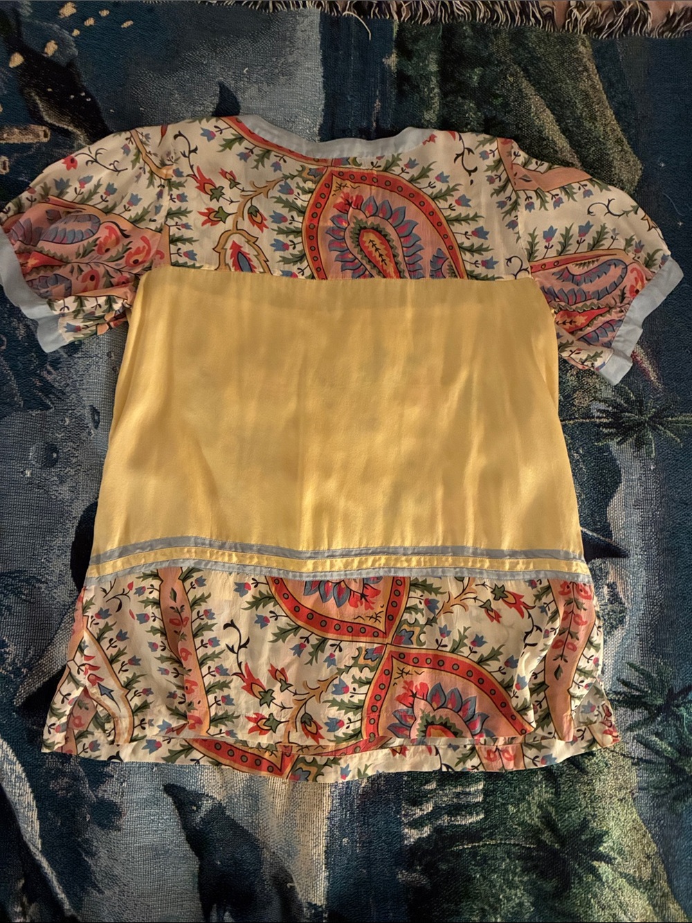 Johnny Was Yellow Satin Floral Embroidered Patchwork Silk Top Large chest 40” - Picture 7 of 9